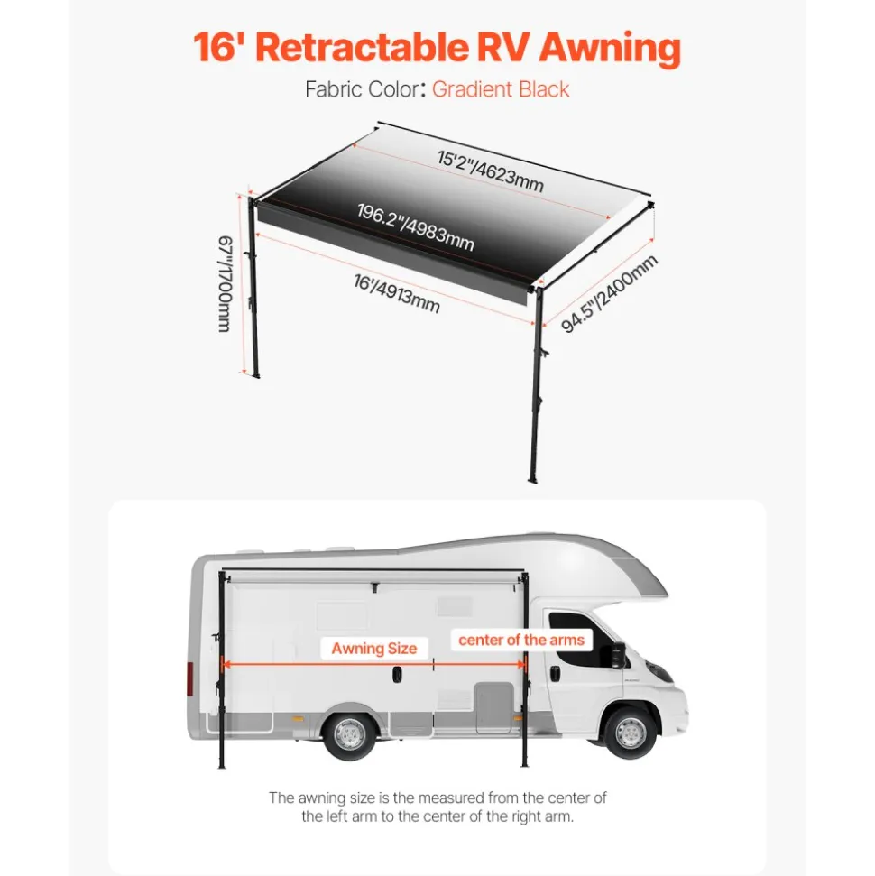 VEVOR Manual RV Awning Complete Kit, 16' Retractable Awning with Aluminum Alloy Frame, Outdoor Trailer Awning, Fit for Most RVs(Black Fade)