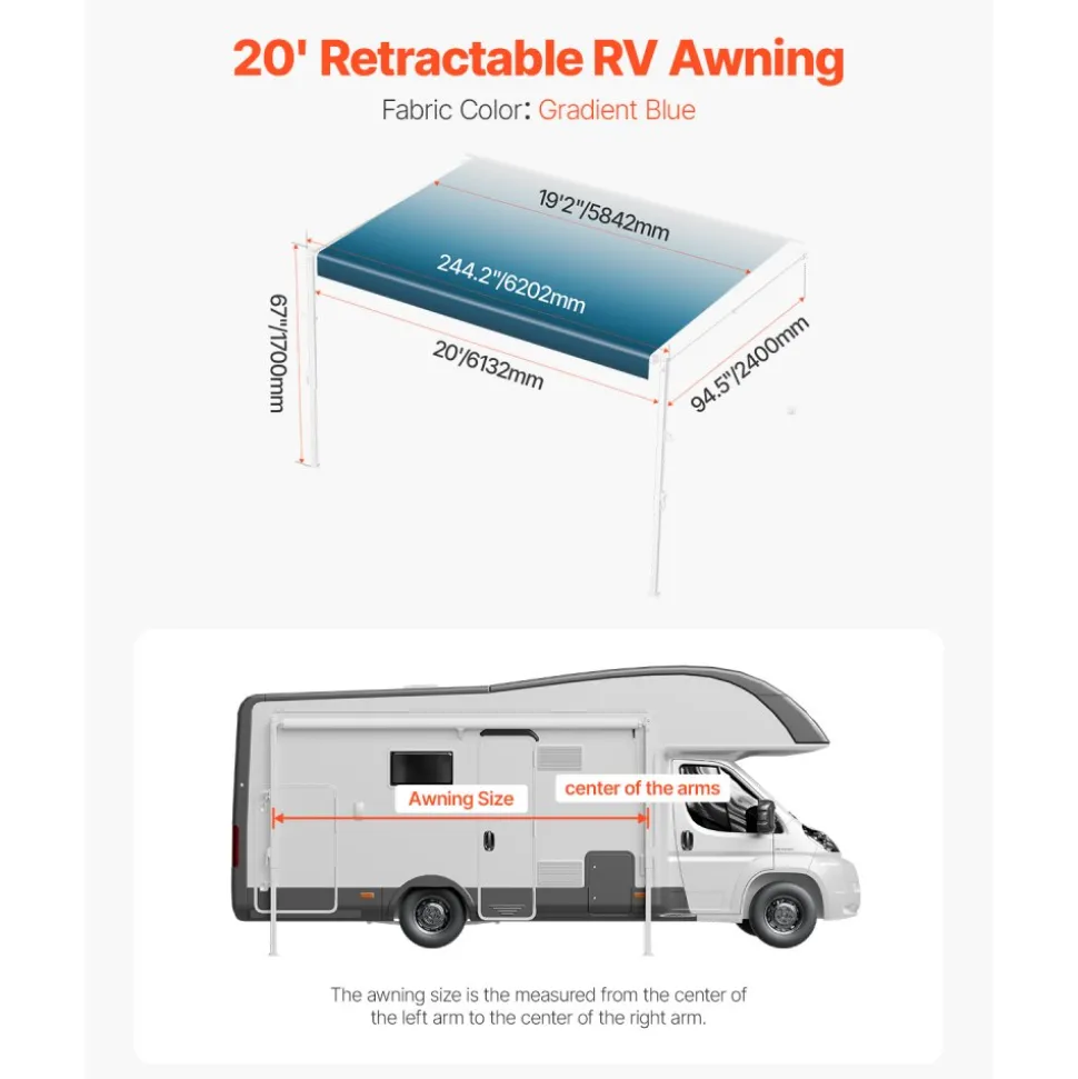 VEVOR Manual RV Awning Complete Kit, 18.12FT Retractable RV Awning with Aluminum Alloy Frame & Waterproof PVC Fabric, Outdoor Camping Trailer Awnings Fit Most RVs (18FT Type, Gradient Blue)