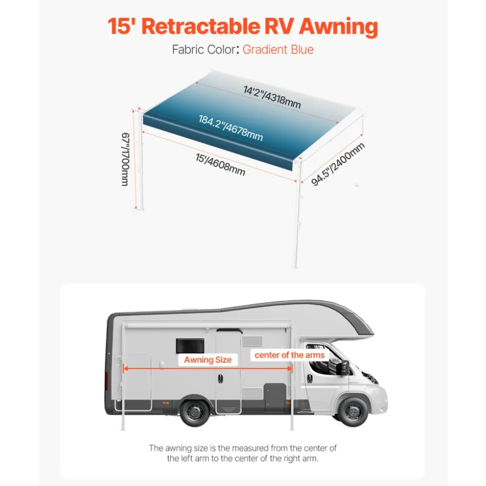 VEVOR Manual RV Awning Complete Kit, 20' Retractable Awning with Aluminum Alloy Frame, Outdoor Trailer Awning, Fit for Most RVs(Black Fade)