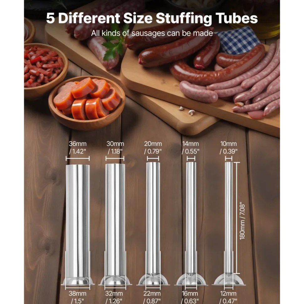 VEVOR Manual Sausage Stuffer 7L/15LBS Vertical Sausage Machine Dual-Speed, Food-Grade 304 Stainless Steel Meat Stuffer, Includes 5 Stuffing Tubes, for Home Kitchen Restaurant Commercial