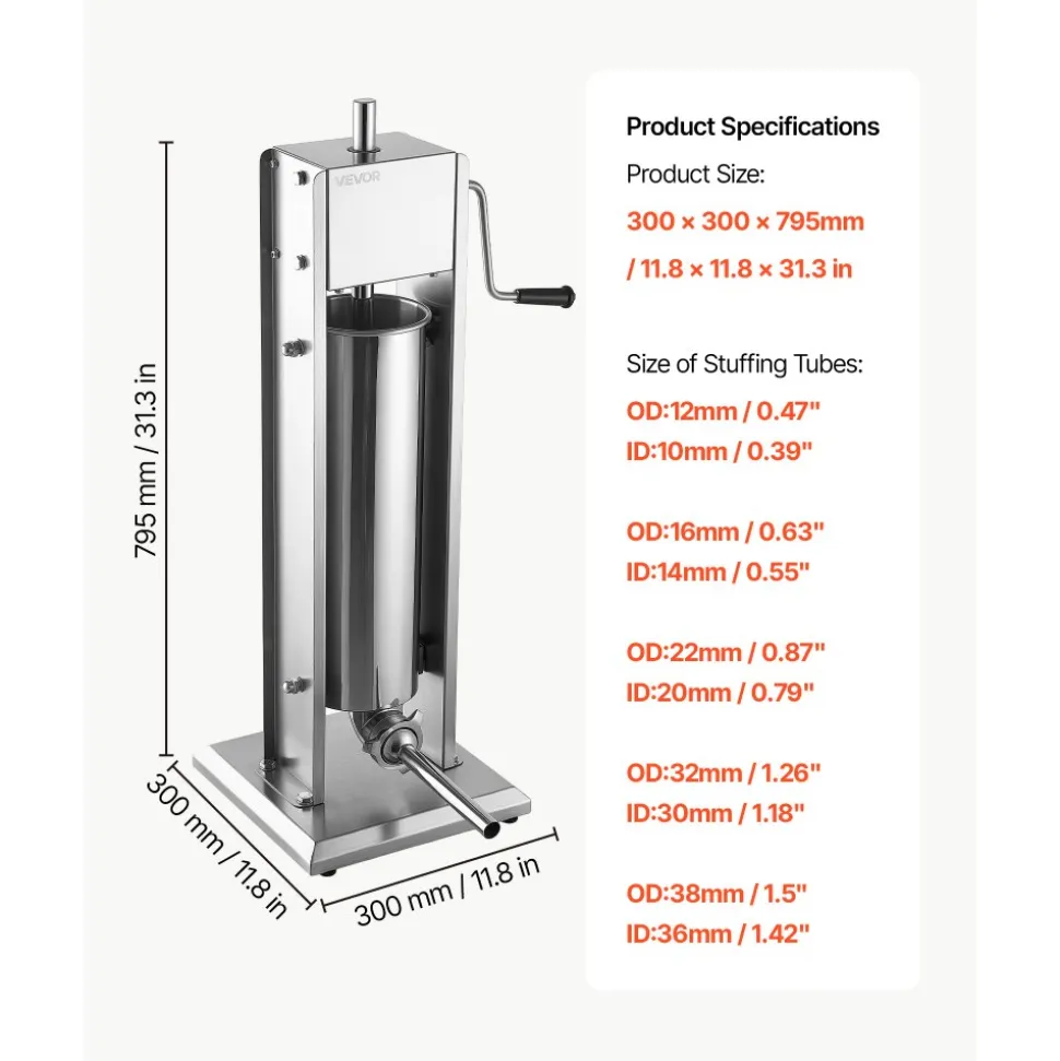 VEVOR Manual Sausage Stuffer 7L/15LBS Vertical Sausage Machine Dual-Speed, Food-Grade 304 Stainless Steel Meat Stuffer, Includes 5 Stuffing Tubes, for Home Kitchen Restaurant Commercial