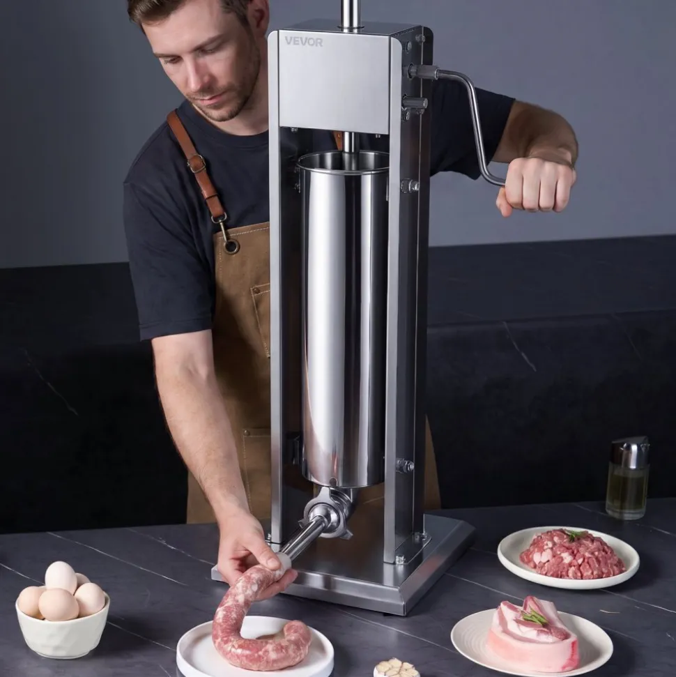 VEVOR Manual Sausage Stuffer 7L/15LBS Vertical Sausage Machine Dual-Speed, Food-Grade 304 Stainless Steel Meat Stuffer, Includes 5 Stuffing Tubes, for Home Kitchen Restaurant Commercial