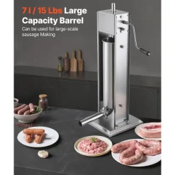 VEVOR Manual Sausage Stuffer 7L/15LBS Vertical Sausage Machine Dual-Speed, Food-Grade 304 Stainless Steel Meat Stuffer, Includes 5 Stuffing Tubes, for Home Kitchen Restaurant Commercial