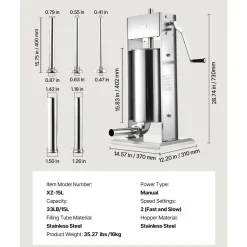 VEVOR Manual Sausage Stuffer, 33 LBS / 15 L Vertical Meat Stuffer, Heavy Duty Sausage Casing Meat Stuffing Machine, Dual-Speed Stainless Steel Filler with 5 Filling Tubes, for Commercial and Home Use