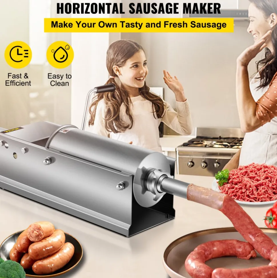 VEVOR Manual Sausage Stuffer, 11 LBS / 5 L Vertical Meat Stuffer, Dual-Speed Sausage Casing Meat Filling Machine, Stainless Steel Heavy Duty Filler with 5 Stuffing Tubes, for Commercial & Home Use
