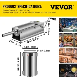 VEVOR Manual Sausage Stuffer, 11 LBS / 5 L Vertical Meat Stuffer, Dual-Speed Sausage Casing Meat Filling Machine, Stainless Steel Heavy Duty Filler with 5 Stuffing Tubes, for Commercial & Home Use