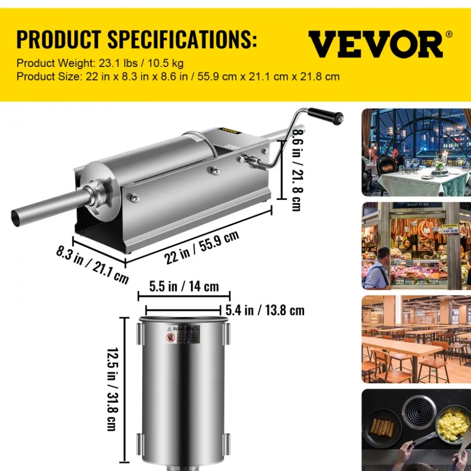 VEVOR Manual Sausage Stuffer, 11 LBS / 5 L Vertical Meat Stuffer, Dual-Speed Sausage Casing Meat Filling Machine, Stainless Steel Heavy Duty Filler with 5 Stuffing Tubes, for Commercial & Home Use