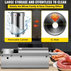 VEVOR Manual Sausage Stuffer, 11 LBS / 5 L Vertical Meat Stuffer, Dual-Speed Sausage Casing Meat Filling Machine, Stainless Steel Heavy Duty Filler with 5 Stuffing Tubes, for Commercial & Home Use
