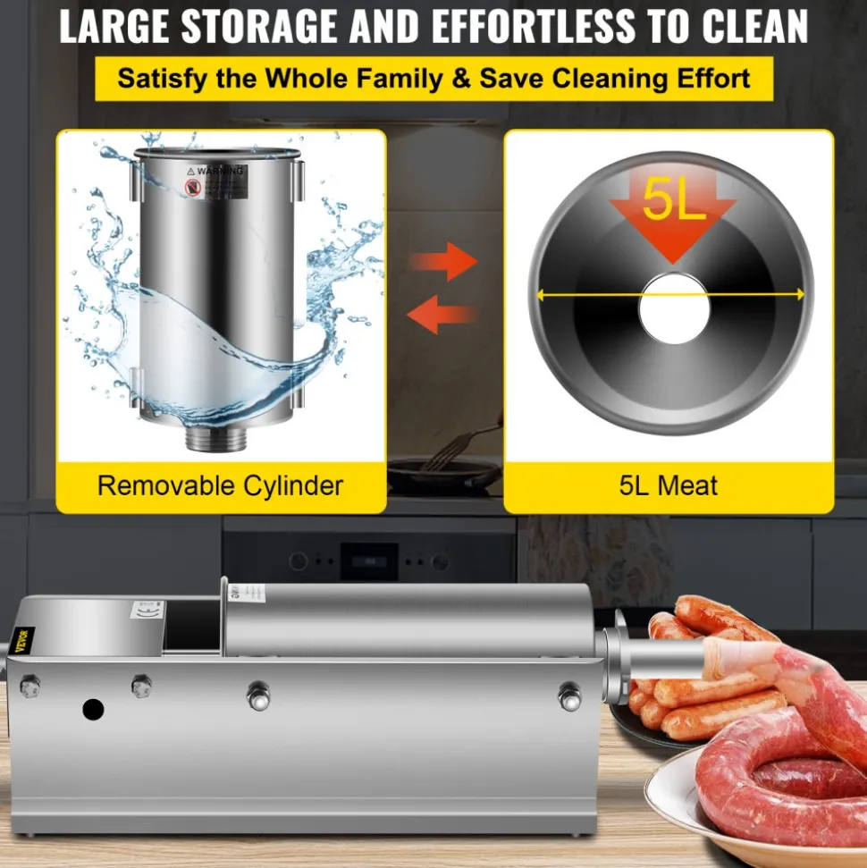 VEVOR Manual Sausage Stuffer, 11 LBS / 5 L Vertical Meat Stuffer, Dual-Speed Sausage Casing Meat Filling Machine, Stainless Steel Heavy Duty Filler with 5 Stuffing Tubes, for Commercial & Home Use