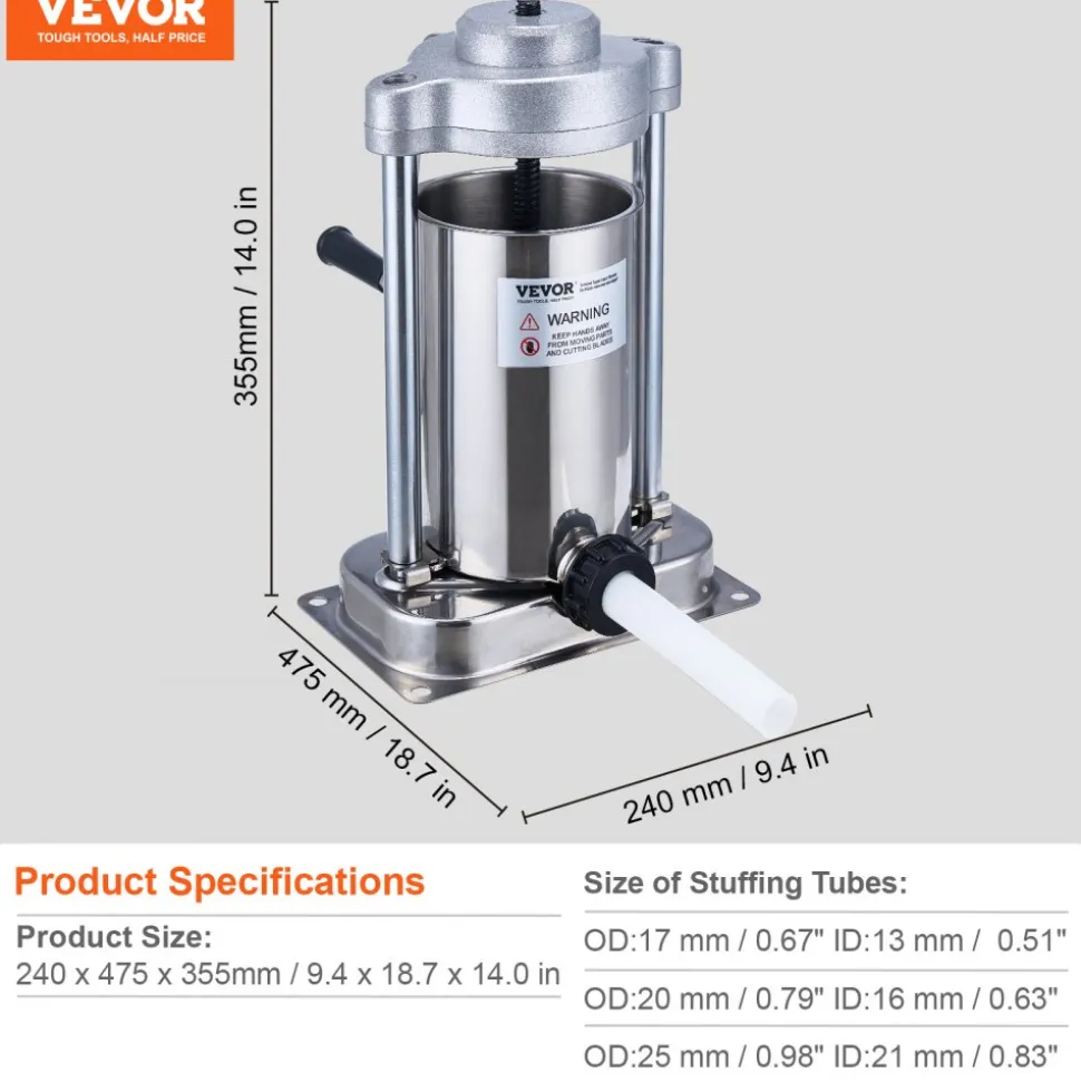 VEVOR Manual Sausage Stuffer, 3 L / 7 LBS Horizontal Sausage Machine, Dual-Speed Meat Stuffer, Made of Food-Grade 304 Stainless Steel, Includes 5 Stuffing Tubes, for Home Kitchen Restaurant Commercial