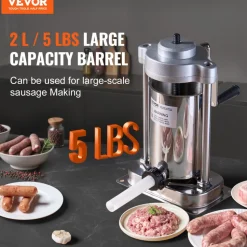 VEVOR Manual Sausage Stuffer, 3 L / 7 LBS Horizontal Sausage Machine, Dual-Speed Meat Stuffer, Made of Food-Grade 304 Stainless Steel, Includes 5 Stuffing Tubes, for Home Kitchen Restaurant Commercial