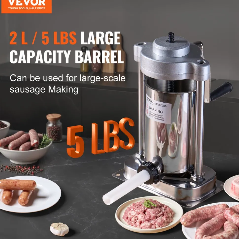 VEVOR Manual Sausage Stuffer, 3 L / 7 LBS Horizontal Sausage Machine, Dual-Speed Meat Stuffer, Made of Food-Grade 304 Stainless Steel, Includes 5 Stuffing Tubes, for Home Kitchen Restaurant Commercial