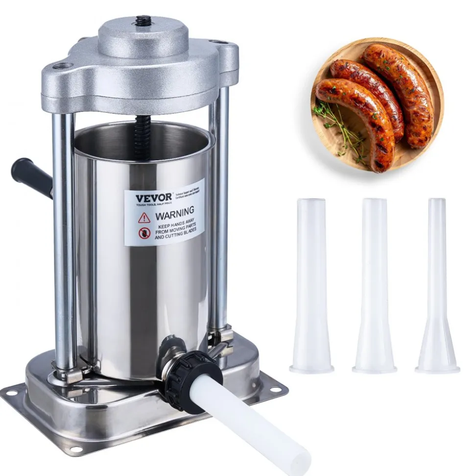 VEVOR Manual Sausage Stuffer, 3 L / 7 LBS Horizontal Sausage Machine, Dual-Speed Meat Stuffer, Made of Food-Grade 304 Stainless Steel, Includes 5 Stuffing Tubes, for Home Kitchen Restaurant Commercial