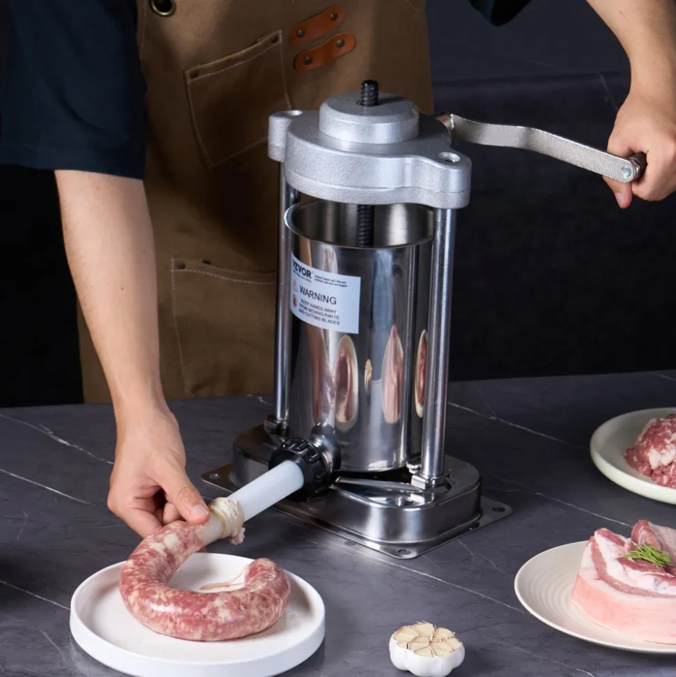 VEVOR Manual Sausage Stuffer, 3 L / 7 LBS Horizontal Sausage Machine, Dual-Speed Meat Stuffer, Made of Food-Grade 304 Stainless Steel, Includes 5 Stuffing Tubes, for Home Kitchen Restaurant Commercial