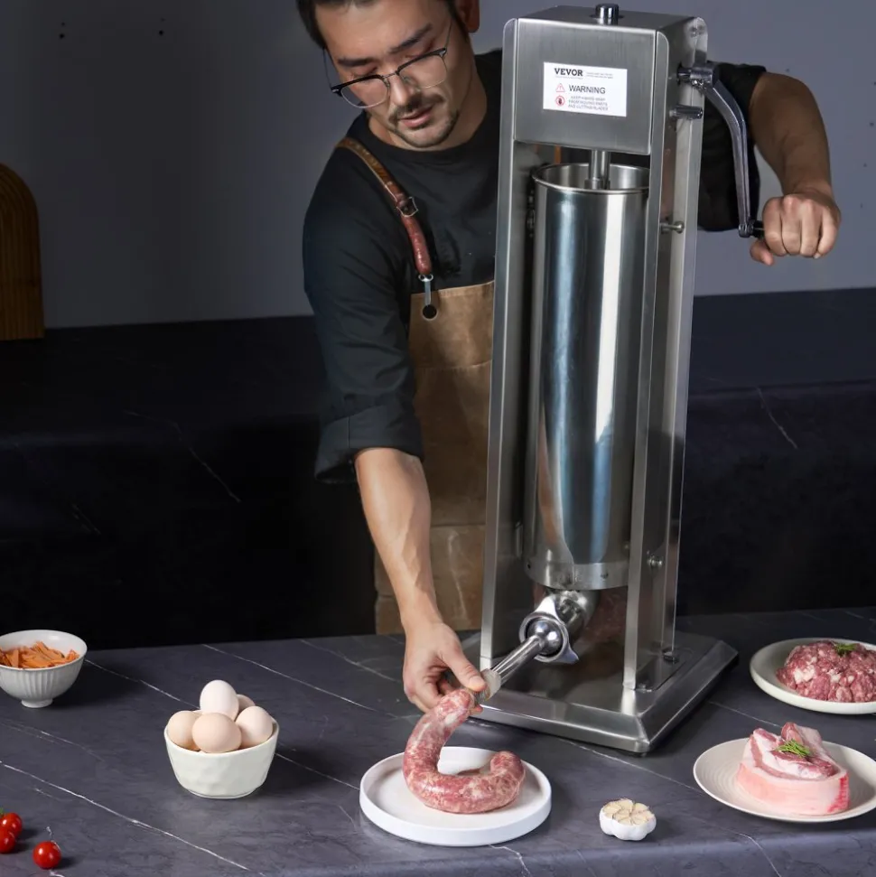 VEVOR Manual Sausage Stuffer, 7 L / 15 LBS Vertical Sausage Machine, Dual-Speed Meat Stuffer, Made of Food-Grade 304 Stainless Steel, Includes 5 Stuffing Tubes, for Home Kitchen Restaurant Commercial