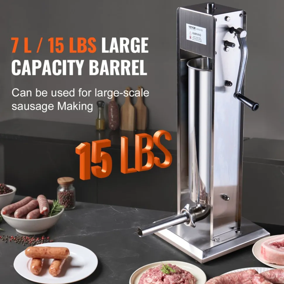 VEVOR Manual Sausage Stuffer, 7 L / 15 LBS Vertical Sausage Machine, Dual-Speed Meat Stuffer, Made of Food-Grade 304 Stainless Steel, Includes 5 Stuffing Tubes, for Home Kitchen Restaurant Commercial