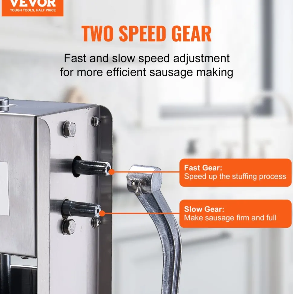 VEVOR Manual Sausage Stuffer, 7 L / 15 LBS Vertical Sausage Machine, Dual-Speed Meat Stuffer, Made of Food-Grade 304 Stainless Steel, Includes 5 Stuffing Tubes, for Home Kitchen Restaurant Commercial