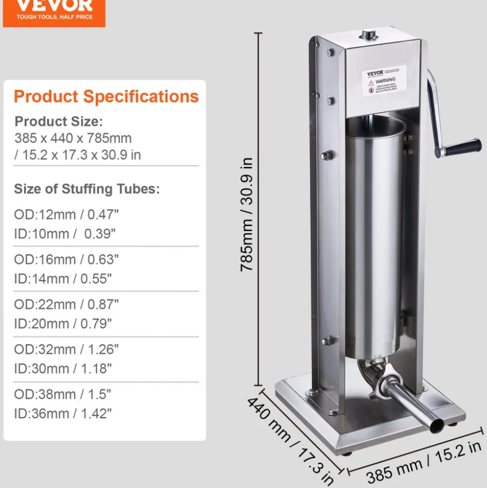 VEVOR Manual Sausage Stuffer, 7 L / 15 LBS Vertical Sausage Machine, Dual-Speed Meat Stuffer, Made of Food-Grade 304 Stainless Steel, Includes 5 Stuffing Tubes, for Home Kitchen Restaurant Commercial