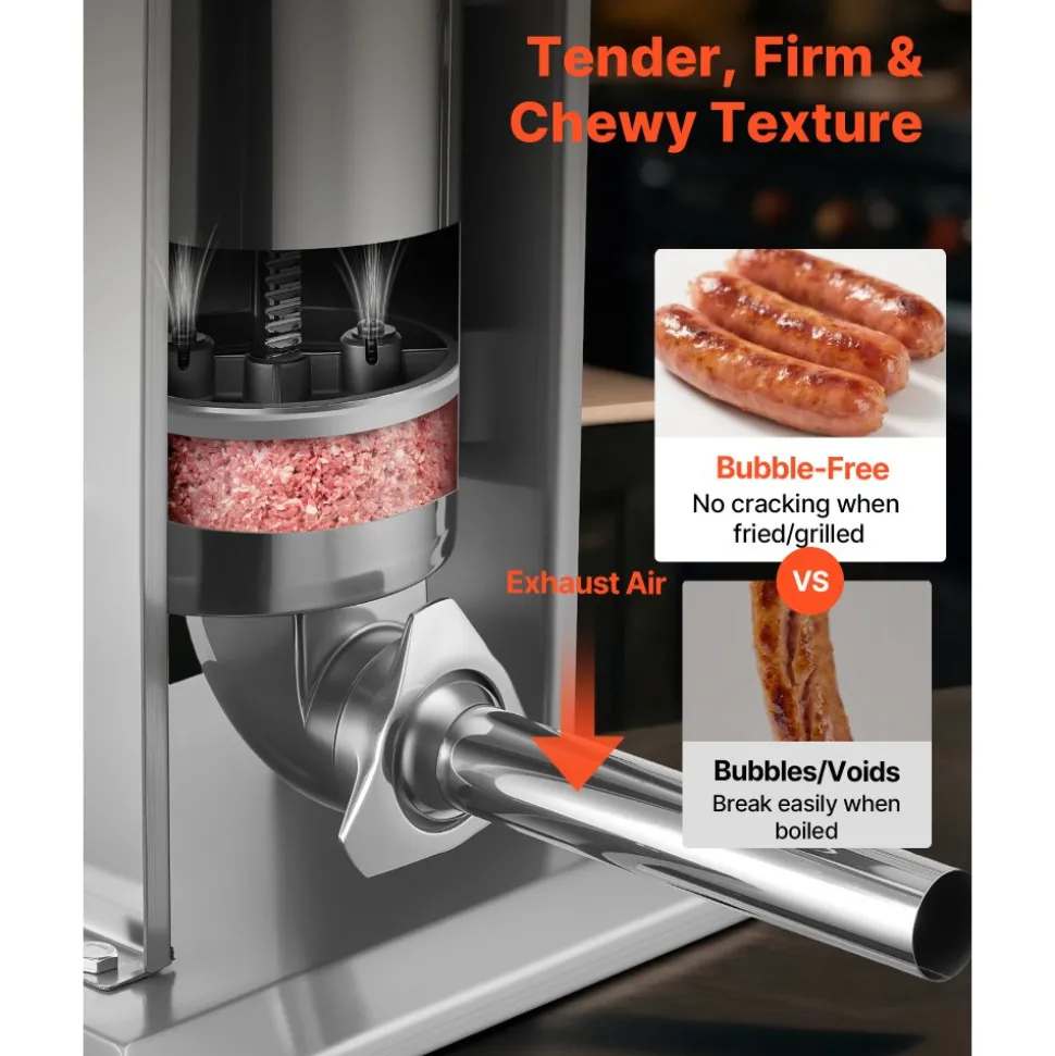 VEVOR Manual Sausage Stuffer, 7 LBS / 3 L Vertical Meat Stuffer, Heavy Duty Sausage Casing Meat Stuffing Machine, Dual-Speed Stainless Steel Filler with 5 Filling Tubes, for Commercial and Home Use