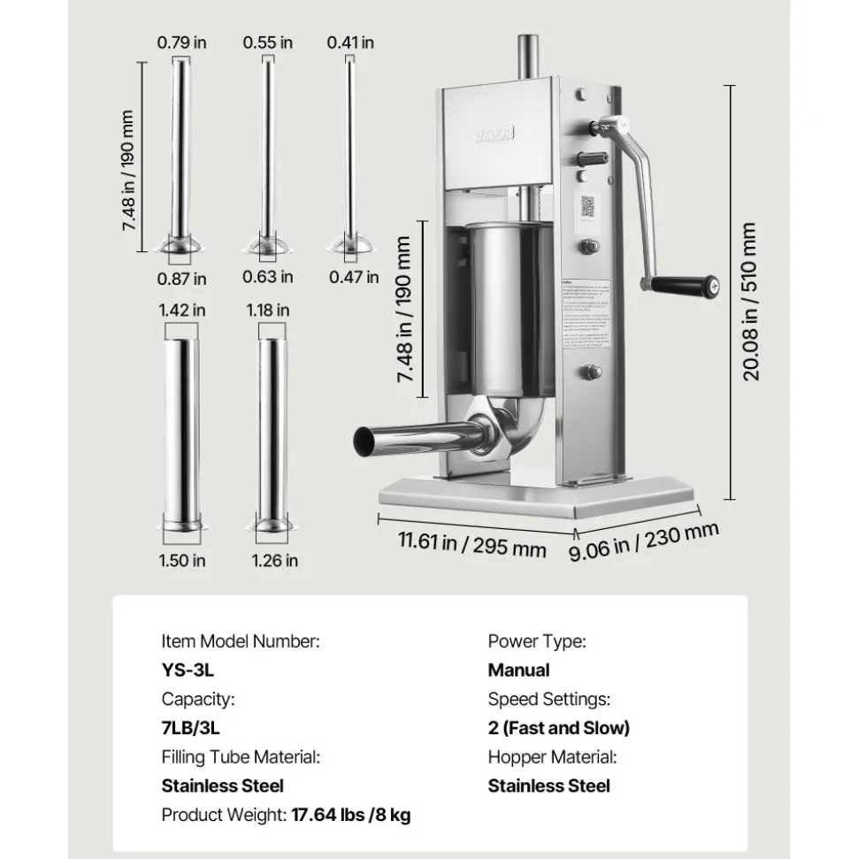 VEVOR Manual Sausage Stuffer, 7 LBS / 3 L Vertical Meat Stuffer, Heavy Duty Sausage Casing Meat Stuffing Machine, Dual-Speed Stainless Steel Filler with 5 Filling Tubes, for Commercial and Home Use