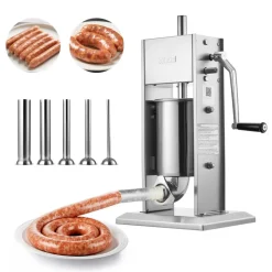 VEVOR Manual Sausage Stuffer, 7 LBS / 3 L Vertical Meat Stuffer, Heavy Duty Sausage Casing Meat Stuffing Machine, Dual-Speed Stainless Steel Filler with 5 Filling Tubes, for Commercial and Home Use