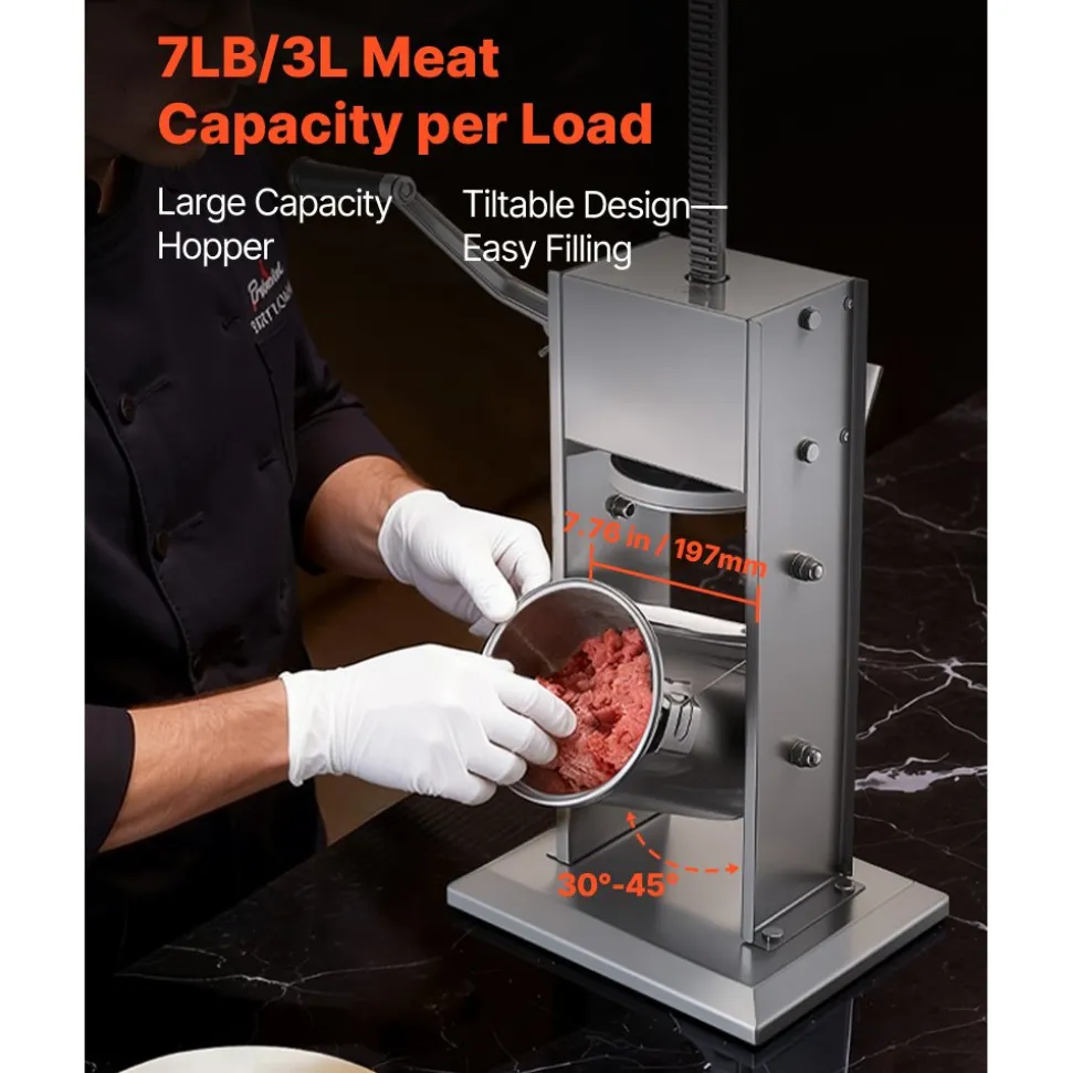 VEVOR Manual Sausage Stuffer, 7 LBS / 3 L Vertical Meat Stuffer, Heavy Duty Sausage Casing Meat Stuffing Machine, Dual-Speed Stainless Steel Filler with 5 Filling Tubes, for Commercial and Home Use