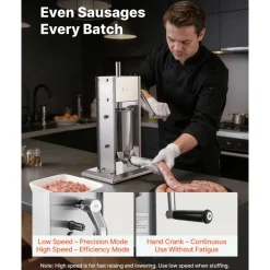 VEVOR Manual Sausage Stuffer, 7 LBS / 3 L Vertical Meat Stuffer, Heavy Duty Sausage Casing Meat Stuffing Machine, Dual-Speed Stainless Steel Filler with 5 Filling Tubes, for Commercial and Home Use