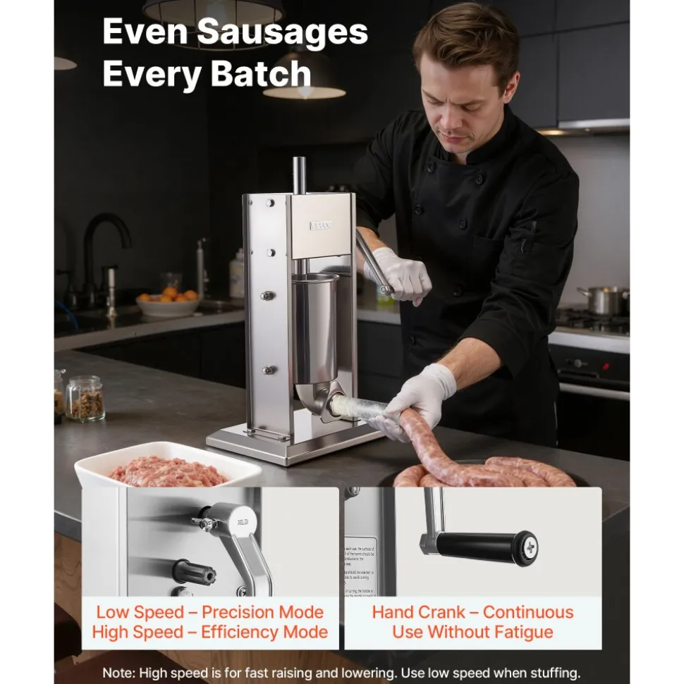 VEVOR Manual Sausage Stuffer, 7 LBS / 3 L Vertical Meat Stuffer, Heavy Duty Sausage Casing Meat Stuffing Machine, Dual-Speed Stainless Steel Filler with 5 Filling Tubes, for Commercial and Home Use