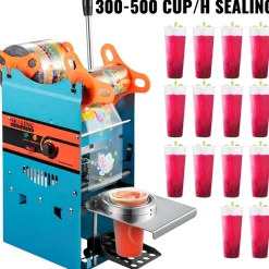 VEVOR Manual Tea Cup Sealer Machine, 300-500 Cup/h Manual Boba Tea Sealer Machine, Blue Boba Tea Sealing Machine, 90/95mm Cup Diameter Cup Sealing Machine with Heating Technology for Bubble Milk Tea