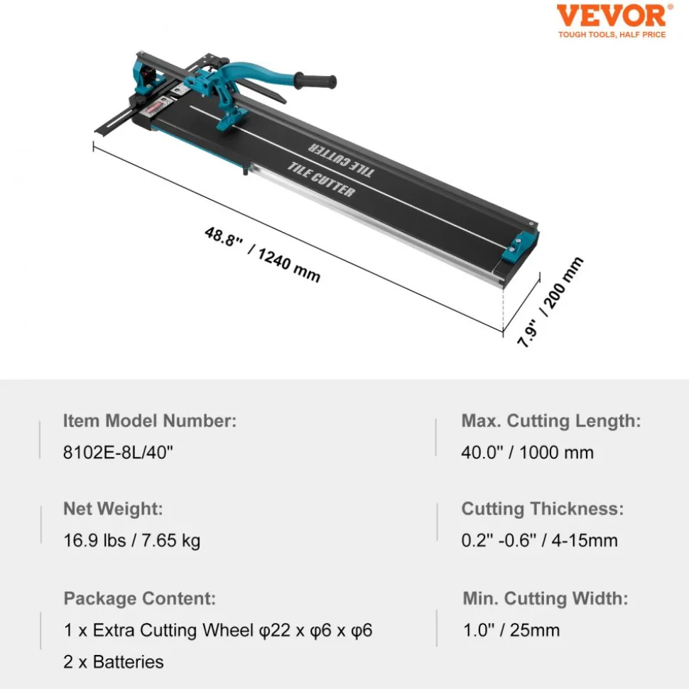 VEVOR Manual Tile Cutter, 40 inch, Porcelain Ceramic Tile Cutter with Tungsten Carbide Cutting Wheel, Infrared Positioning, Anti-Skid Feet, Durable Rails for professional installers or beginners