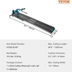 VEVOR Manual Tile Cutter, 48 inch, Porcelain Ceramic Tile Cutter with Tungsten Carbide Cutting Wheel, Infrared Positioning, Anti-Skid Feet, Durable Rails for professional installers or beginners