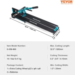 VEVOR Manual Tile Cutter, 32 inch, Porcelain Ceramic Tile Cutter with Tungsten Carbide Cutting Wheel, Infrared Positioning, Anti-Skid Feet, Durable Rails for professional installers or beginners
