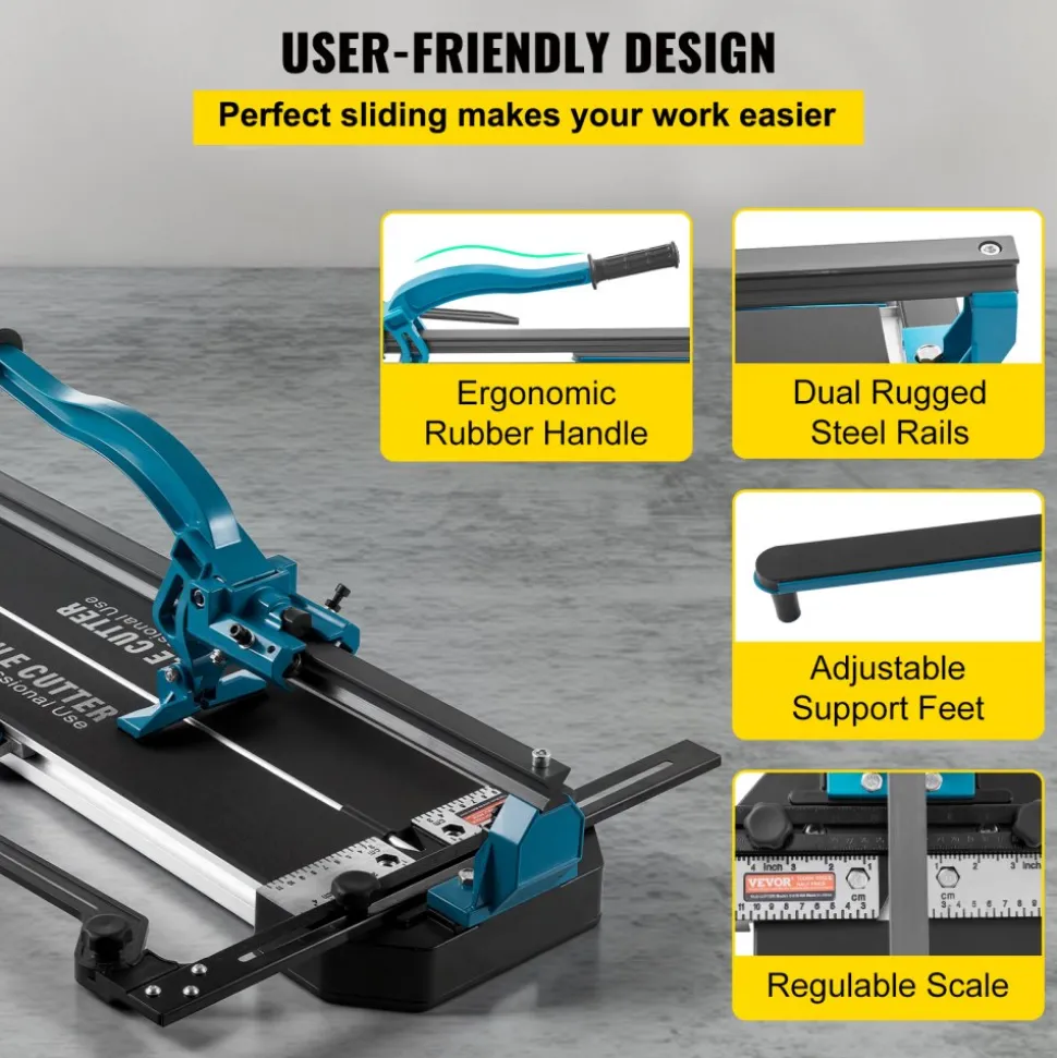 VEVOR Manual Tile Cutter, 24 inch, Porcelain Ceramic Tile Cutter with Tungsten Carbide Cutting Wheel, Infrared Positioning, Anti-Skid Feet, Durable Rails for professional installers or beginners
