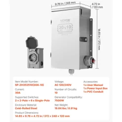 VEVOR Manual Transfer Switch, 30-Amp 10-Circuit, Prewired Generator Transfer Switch Kit with NEMA L14-30P Power Inlet Box, Double-Throw Switch, NEMA 3R, Mechanical Watt Meter, for 7500W Generators