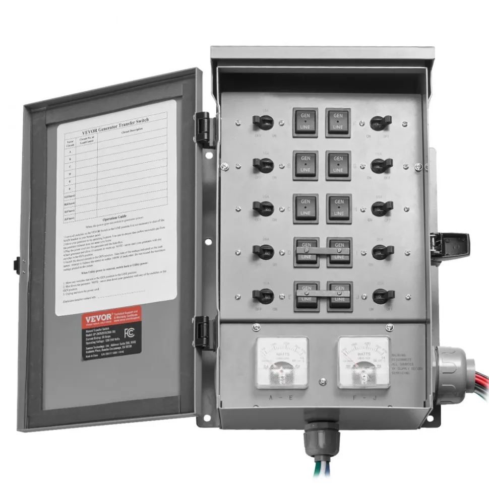 VEVOR Manual Transfer Switch, 30-Amp 10-Circuit, Prewired Generator Transfer Switch Kit with NEMA L14-30P Power Inlet Box, Double-Throw Switch, NEMA 3R, Mechanical Watt Meter, for 7500W Generators