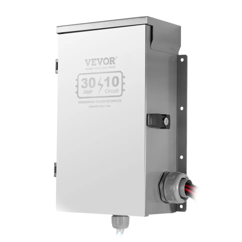 VEVOR Manual Transfer Switch, 30-Amp 10-Circuit, Prewired Generator Transfer Switch Kit with NEMA L14-30P Power Inlet Box, Double-Throw Switch, NEMA 3R, Mechanical Watt Meter, for 7500W Generators