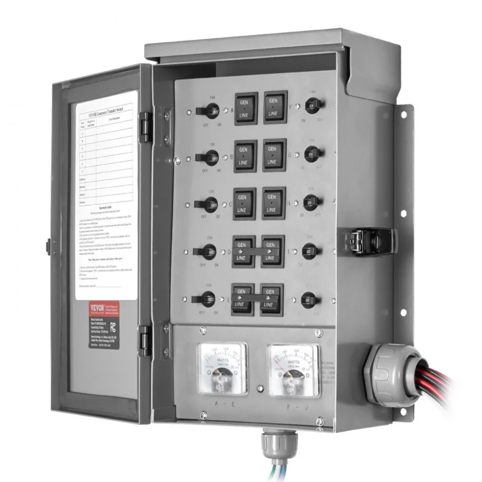VEVOR Manual Transfer Switch, 30-Amp 10-Circuit, Prewired Generator Transfer Switch Kit with NEMA L14-30P Power Inlet Box, Double-Throw Switch, NEMA 3R, Mechanical Watt Meter, for 7500W Generators
