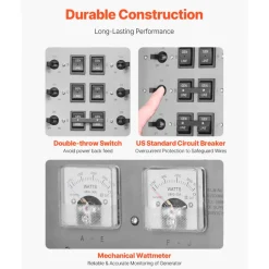 VEVOR Manual Transfer Switch, 30-Amp 10-Circuit, Prewired Generator Transfer Switch Kit with NEMA L14-30P Power Inlet Box, Double-Throw Switch, NEMA 3R, Mechanical Watt Meter, for 7500W Generators