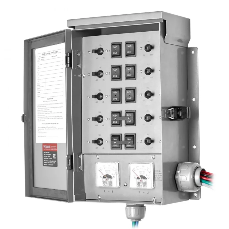 VEVOR Manual Transfer Switch, 50-Amp 10-Circuit, Prewired Generator Transfer Switch Kit with CS6375 Plug Power Inlet Box, Double-Throw Switch, NEMA 3R, Mechanical Watt Meter, for 12500W Generators
