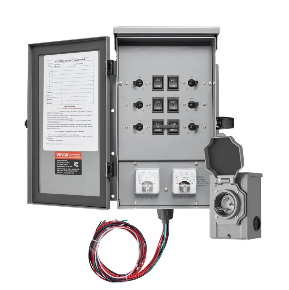 VEVOR Manual Transfer Switch, 30-Amp 6-Circuit, Prewired Generator Transfer Switch Kit with NEMA L14-30P Power Inlet Box, Double-Throw Switch, NEMA 3R, Mechanical Watt Meter, for 7500W Generators