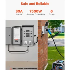 VEVOR Manual Transfer Switch, 30-Amp 6-Circuit, Prewired Generator Transfer Switch Kit with NEMA L14-30P Power Inlet Box, Double-Throw Switch, NEMA 3R, Mechanical Watt Meter, for 7500W Generators