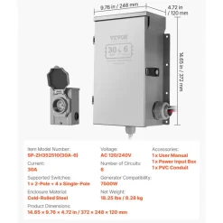 VEVOR Manual Transfer Switch, 30-Amp 6-Circuit, Prewired Generator Transfer Switch Kit with NEMA L14-30P Power Inlet Box, Double-Throw Switch, NEMA 3R, Mechanical Watt Meter, for 7500W Generators