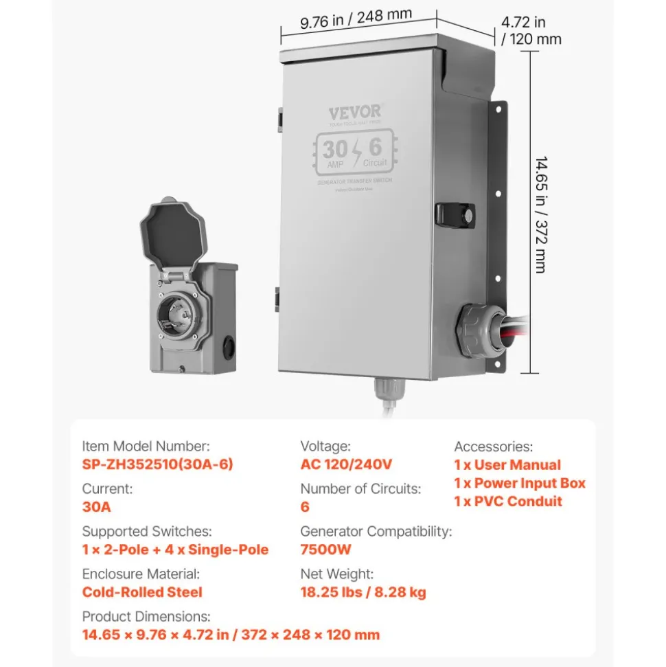 VEVOR Manual Transfer Switch, 30-Amp 6-Circuit, Prewired Generator Transfer Switch Kit with NEMA L14-30P Power Inlet Box, Double-Throw Switch, NEMA 3R, Mechanical Watt Meter, for 7500W Generators