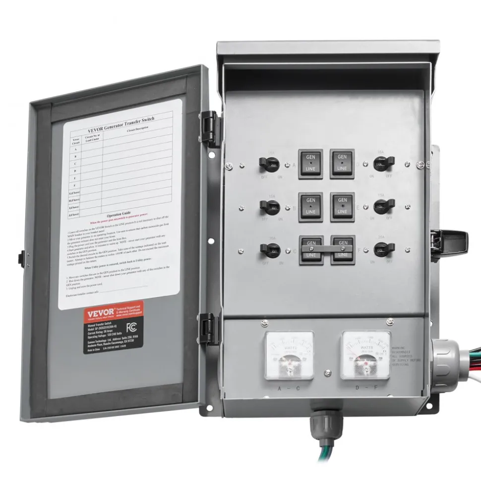 VEVOR Manual Transfer Switch, 30-Amp 6-Circuit, Prewired Generator Transfer Switch Kit with NEMA L14-30P Power Inlet Box, Double-Throw Switch, NEMA 3R, Mechanical Watt Meter, for 7500W Generators