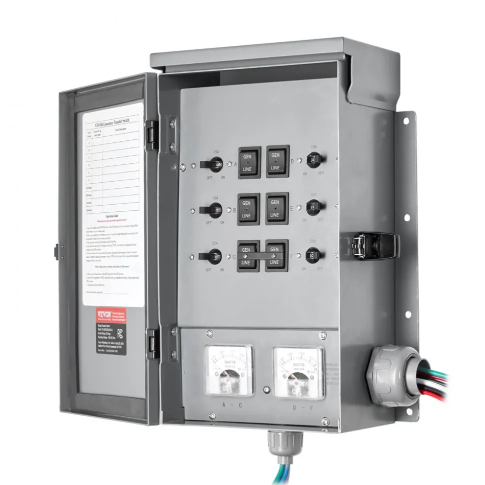 VEVOR Manual Transfer Switch, 30-Amp 6-Circuit, Prewired Generator Transfer Switch Kit with NEMA L14-30P Power Inlet Box, Double-Throw Switch, NEMA 3R, Mechanical Watt Meter, for 7500W Generators