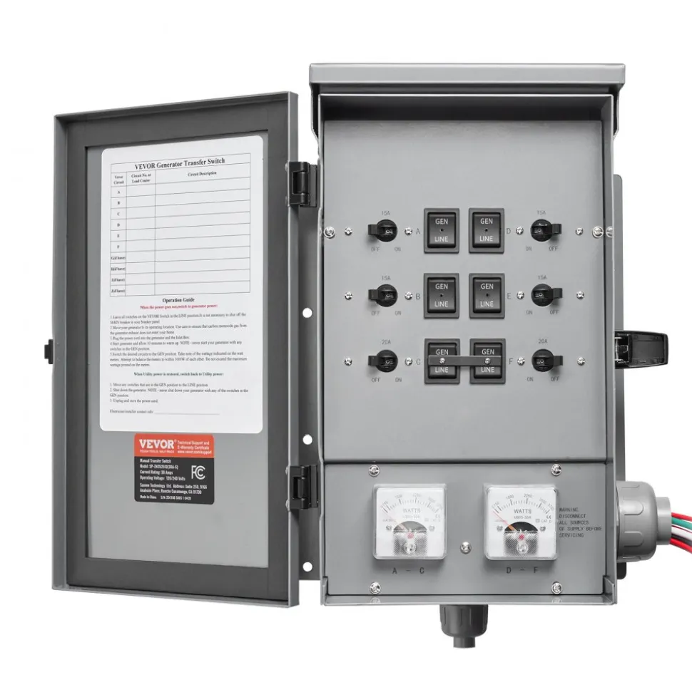VEVOR Manual Transfer Switch, 30-Amp 6-Circuit, Prewired Generator Transfer Switch Kit with NEMA L14-30P Power Inlet Box, Double-Throw Switch, NEMA 3R, Mechanical Watt Meter, for 7500W Generators