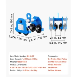 VEVOR Manual Trolley, 1100 lbs/0.5 Ton Capacity, Push Beam Trolley with Dual Wheels, Adjustable for I-Beam Flange Width 2.1