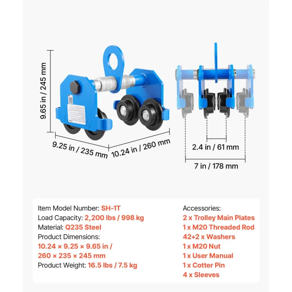 VEVOR Manual Trolley, 2200 lbs/1 Ton Load Capacity, Push Beam Trolley with Dual Wheels, Adjustable for I-Beam Flange Width 2.4" to 7", Heavy Duty Carbon Steel Garage Hoist for Straight & Curved I Beam