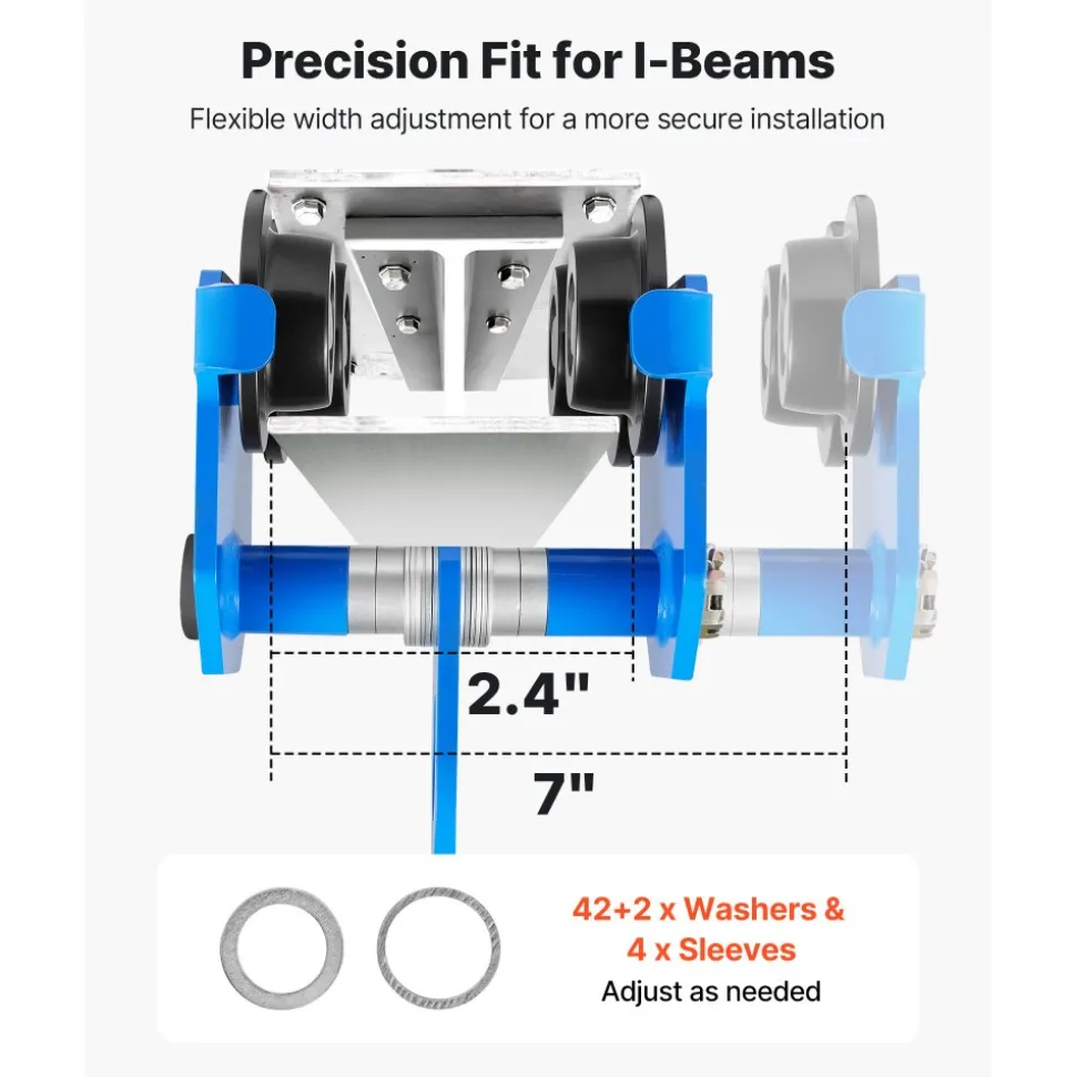 VEVOR Manual Trolley, 2200 lbs/1 Ton Load Capacity, Push Beam Trolley with Dual Wheels, Adjustable for I-Beam Flange Width 2.4" to 7", Heavy Duty Carbon Steel Garage Hoist for Straight & Curved I Beam