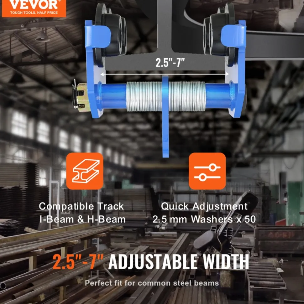 VEVOR Manual Trolley, 4400 lbs/2 Ton Load Capacity, Push Beam Trolley with Dual Wheels, Adjustable for I-Beam Flange Width 2.5" to 7", Heavy Duty Alloy Steel Garage Hoist for Straight Curved I Beam